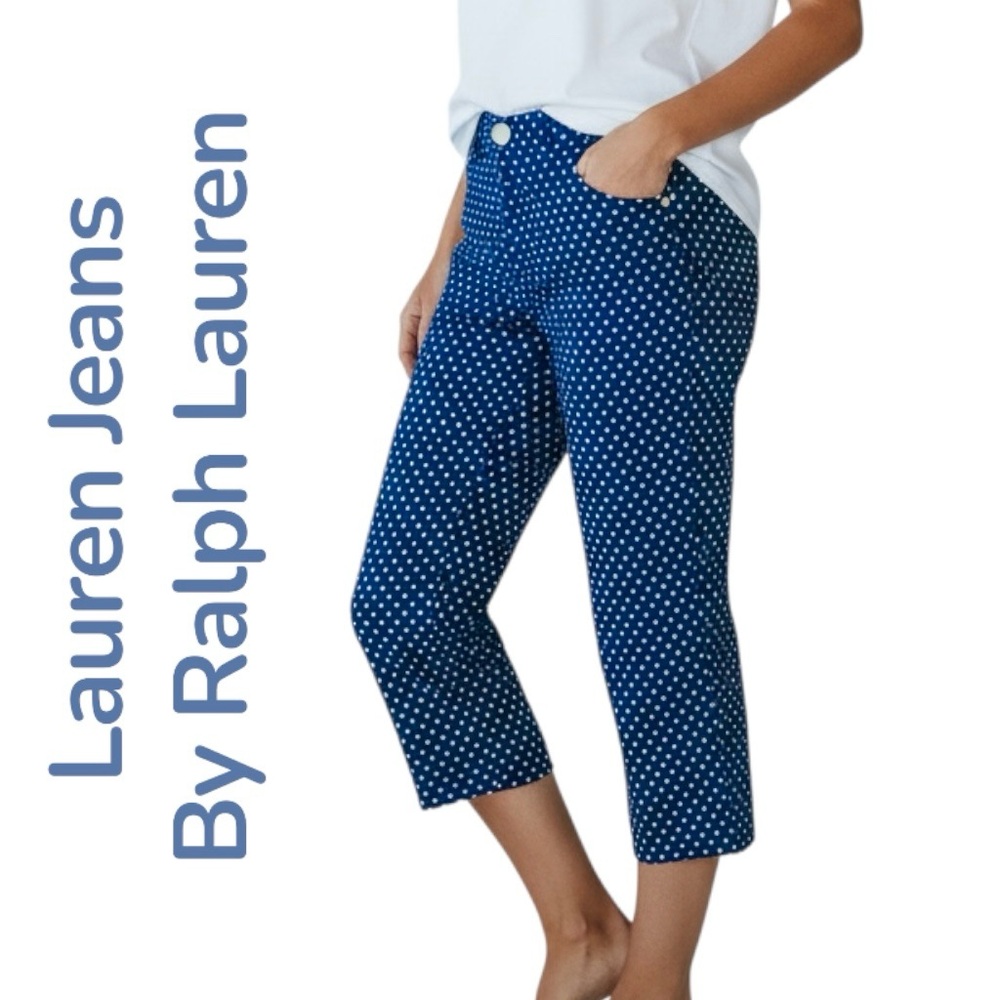 Lauren Jeans By Ralph Lauren Pants Blue White Polka Dots Print Crop Sz 10